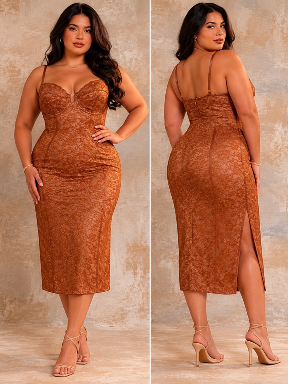 Popilush Lace Corset Shapewear Midi Dress Brown XL Bodycon Slip